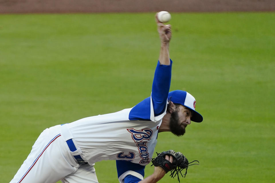 Atlanta Braves starting pitcher Ian Anderson (36) delivers in the first inning of a baseball game against the Philadelphia Phillies, Saturday, April 10, 2021, in Atlanta. (AP Photo/John Bazemore)