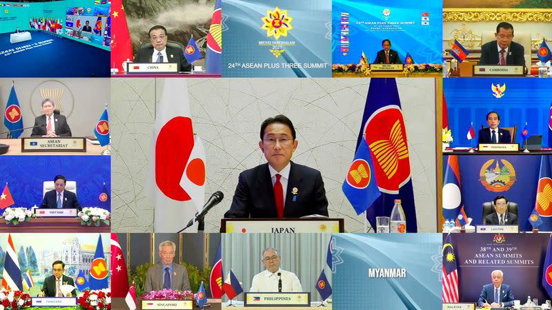 Japan's Prime Minister Fumio Kishida speaks during the virtual ASEAN Plus Three Summit, hosted by ASEAN Summit Brunei, in Bandar Seri Begawan