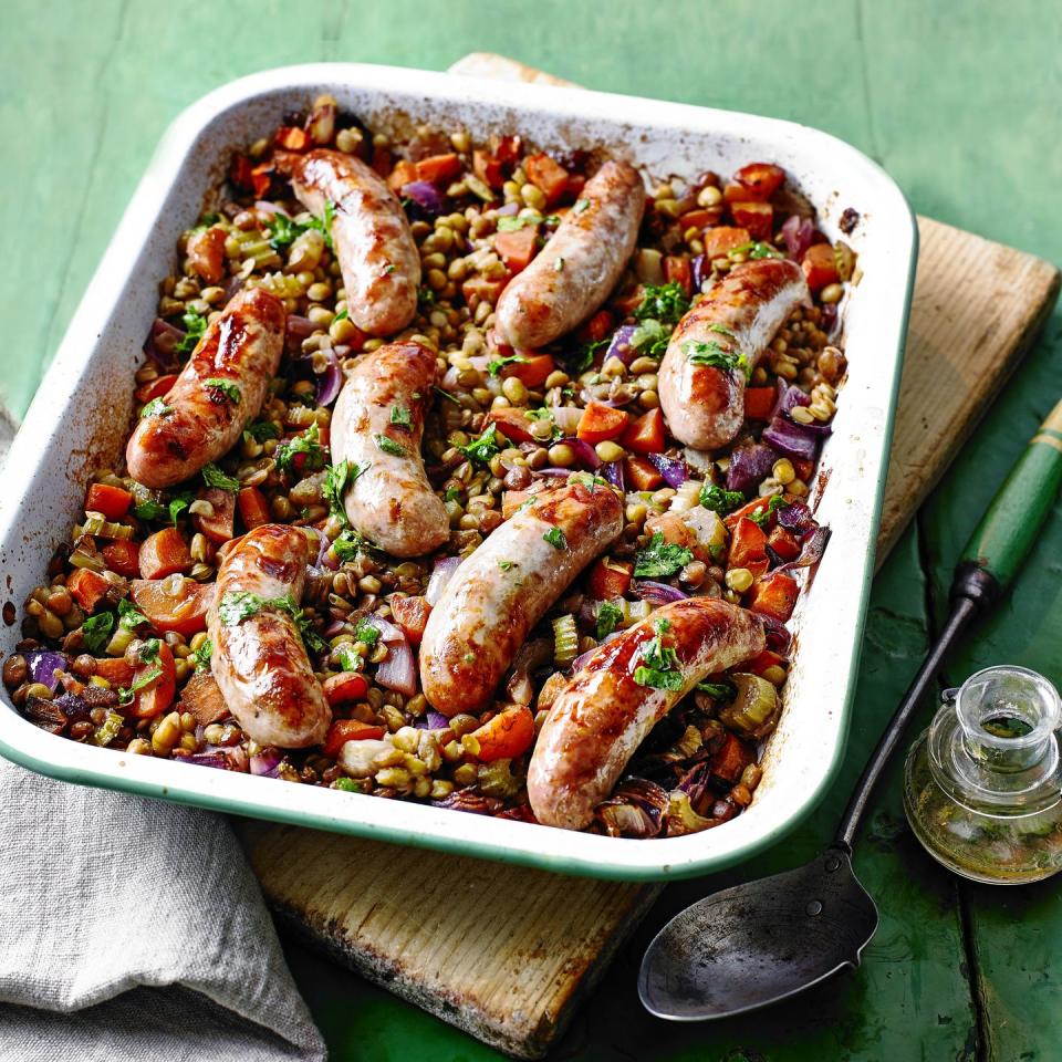 Green Lentil and Sausage Traybake - best traybake recipes 2022