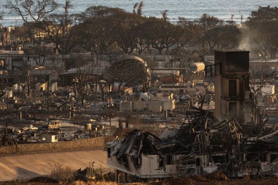 Burned houses and buildings are pictured in the aftermath of a wildfire, is seen in Lahaina, western Maui, Hawaii.