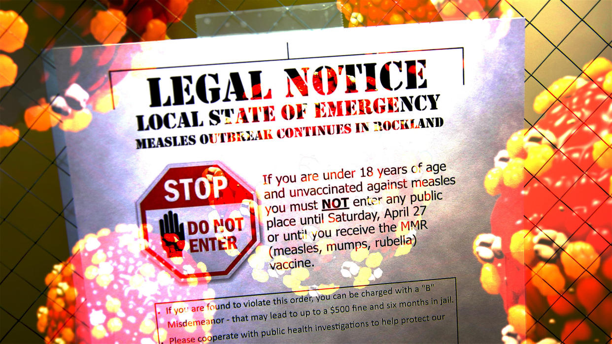 Measles virus and outbreak notice. (Photo illustration: Yahoo News; photos: Seth Wenig/AP, Getty Images)