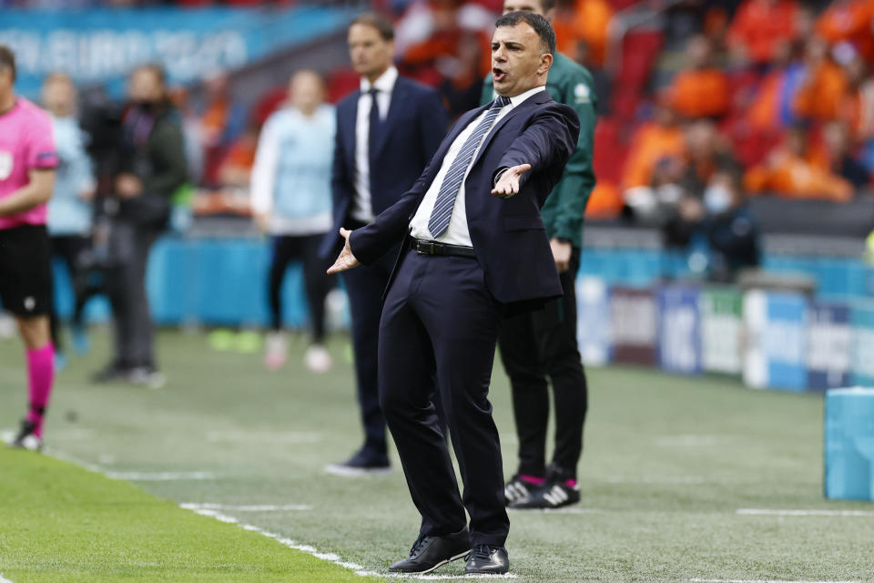 North Macedonia's manager Igor Angelovski reacts during the Euro 2020 soccer championship group F match between North Macedonia and Netherlands, at the Johan Cruyff ArenA in Amsterdam, Netherlands, Monday, June 21 2021. (Koen van Weel/Pool via AP)