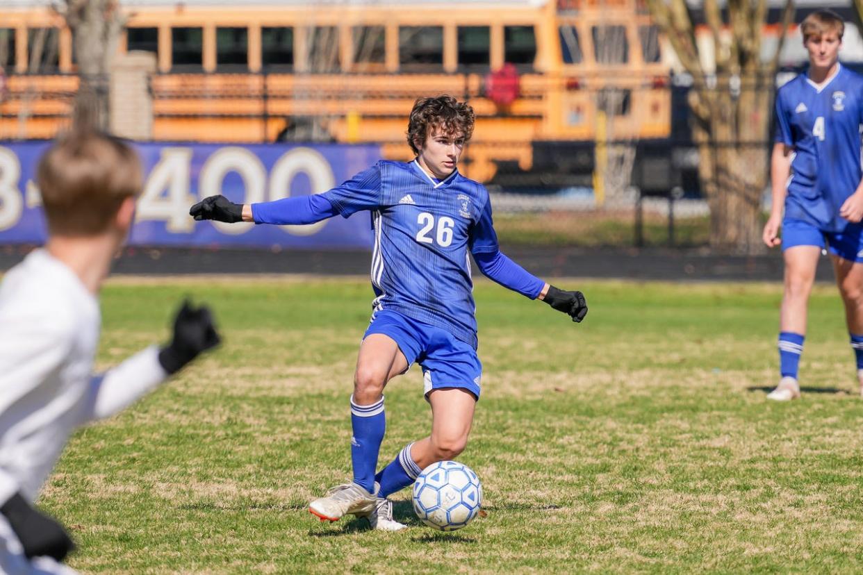 Vandebilt Catholic's Koen Melancon (26) competes during a 6-1 win over Parkview Baptist 6-1 in a Division III boys soccer second round playoff match in Houma on Feb. 5.