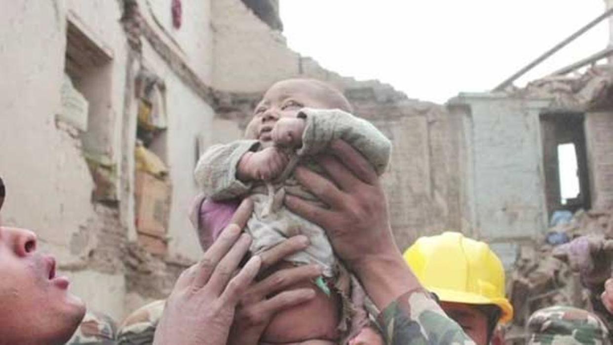 Soldiers rescued a 4-month-old boy from rubble left by the devastating earthquake in Nepal.