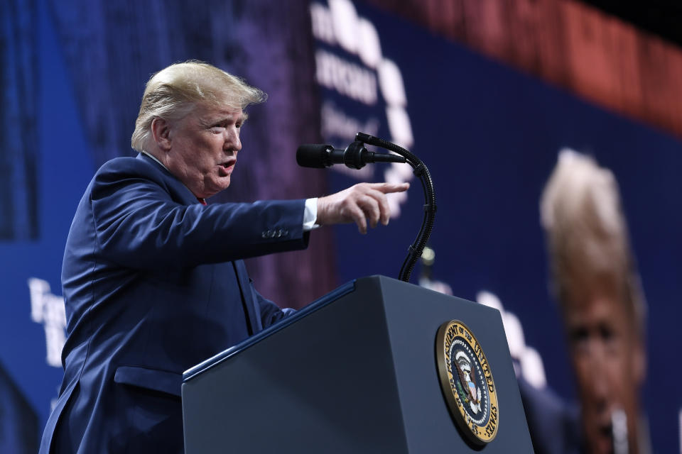 President Donald Trump speaks at the American Farm Bureau Federation's convention in Austin, Texas, Sunday, Jan. 19, 2020. (AP Photo/Susan Walsh)