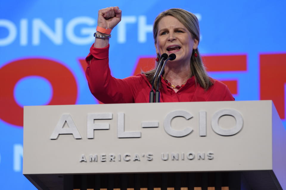 Elizabeth Shuler, president of the AFL-CIO introduces President Joe Biden before he addresses the AFL-CIO convention, Tuesday, June 14, 2022, in Philadelphia. (AP Photo/Susan Walsh)