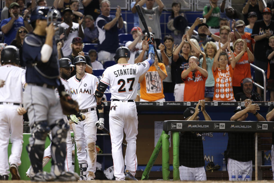 Giancarlo Stanton led baseball in home runs in 2017. (AP Photo)