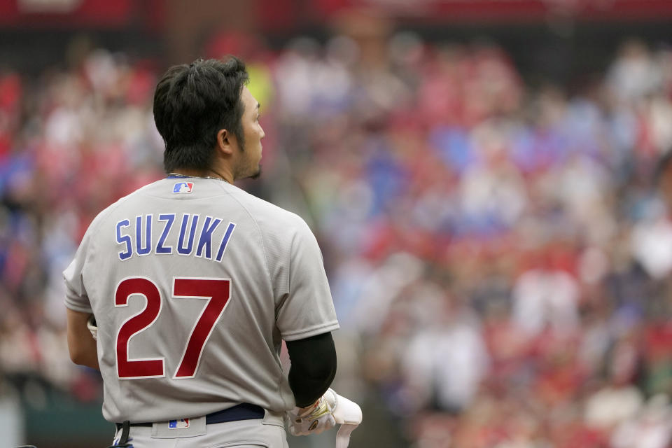 Chicago Cubs' Seiya Suzuki pauses after grounding out to end the top of the sixth inning of a baseball game against the St. Louis Cardinals Sunday, Sept. 4, 2022, in St. Louis. (AP Photo/Jeff Roberson)