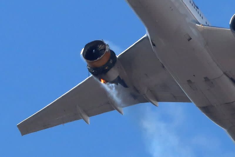 United Airlines flight UA328 returns to Denver International Airport with its starboard engine on fire after it called a Mayday alert