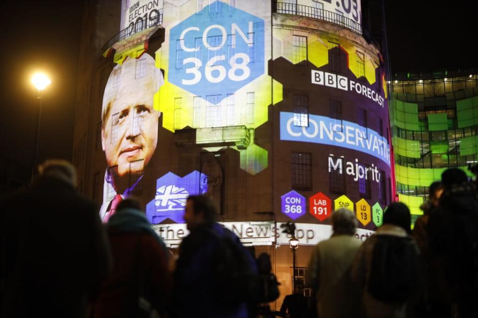 The broadcaster's exit poll results projected on the outside of the BBC building in London. Source: Getty