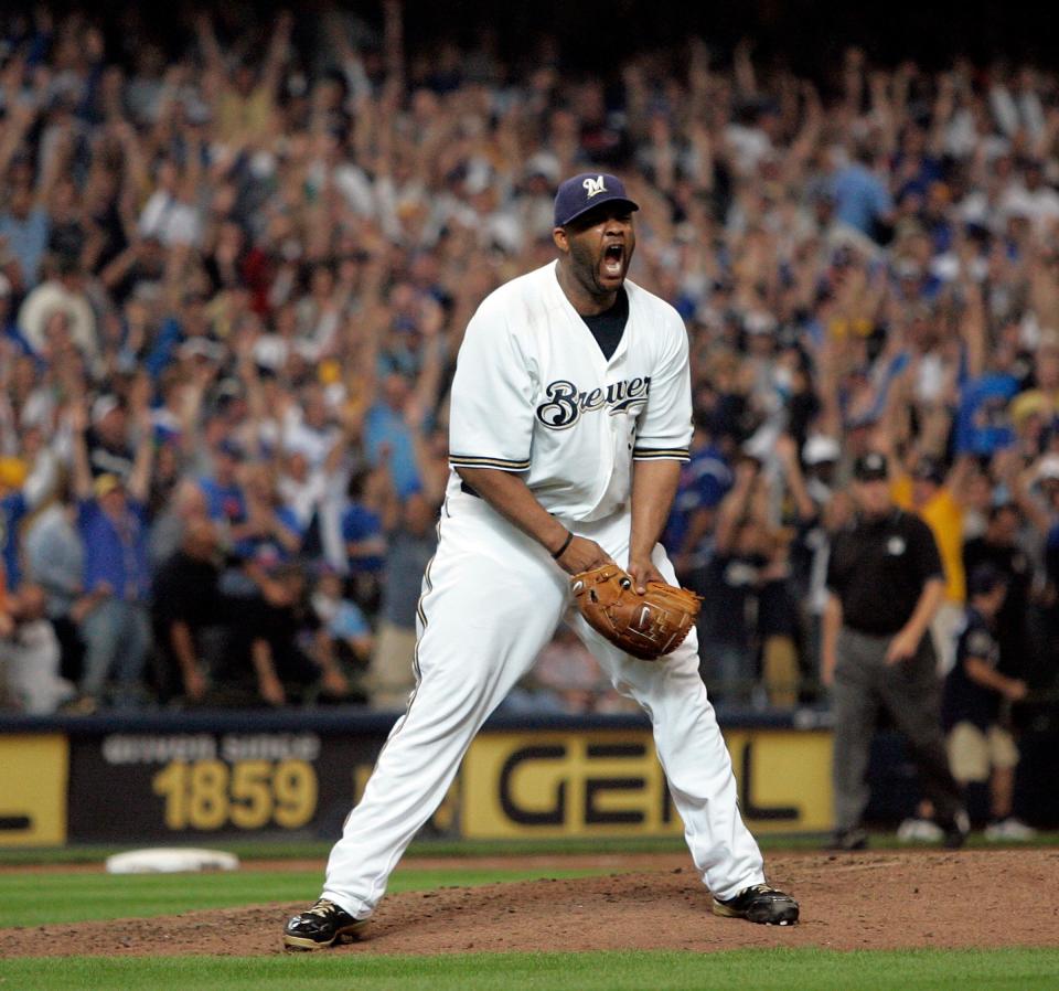 Milwaukee Brewers' CC Sabathia reacts after the final out was made clinching a wild card spot for the Milwaukee Brewers at Miller Park Sunday, September 28, 2008.