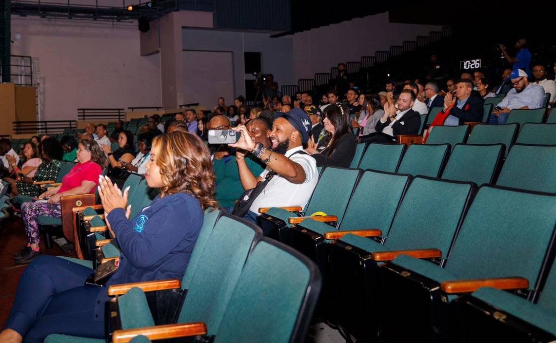 Attendees cheer as DJ Khaled speaks during the opening remarks of the North Miami Beach Small Business Expo on Wednesday, May 8, 2024. The city presented DJ Khaled with a proclamation making May 8 “DJ Khaled Day” for his contributions to the local community and his efforts to give back.