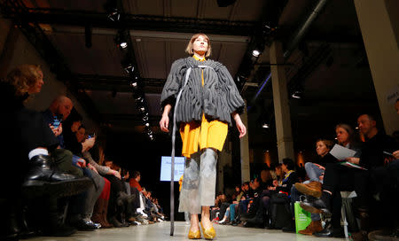 A model presents a creation by students of fashion colleges during the Berlin Fashion Week Autumn/Winter 2019/20 in Berlin, Germany, January 14, 2019. REUTERS/Fabrizio Bensch