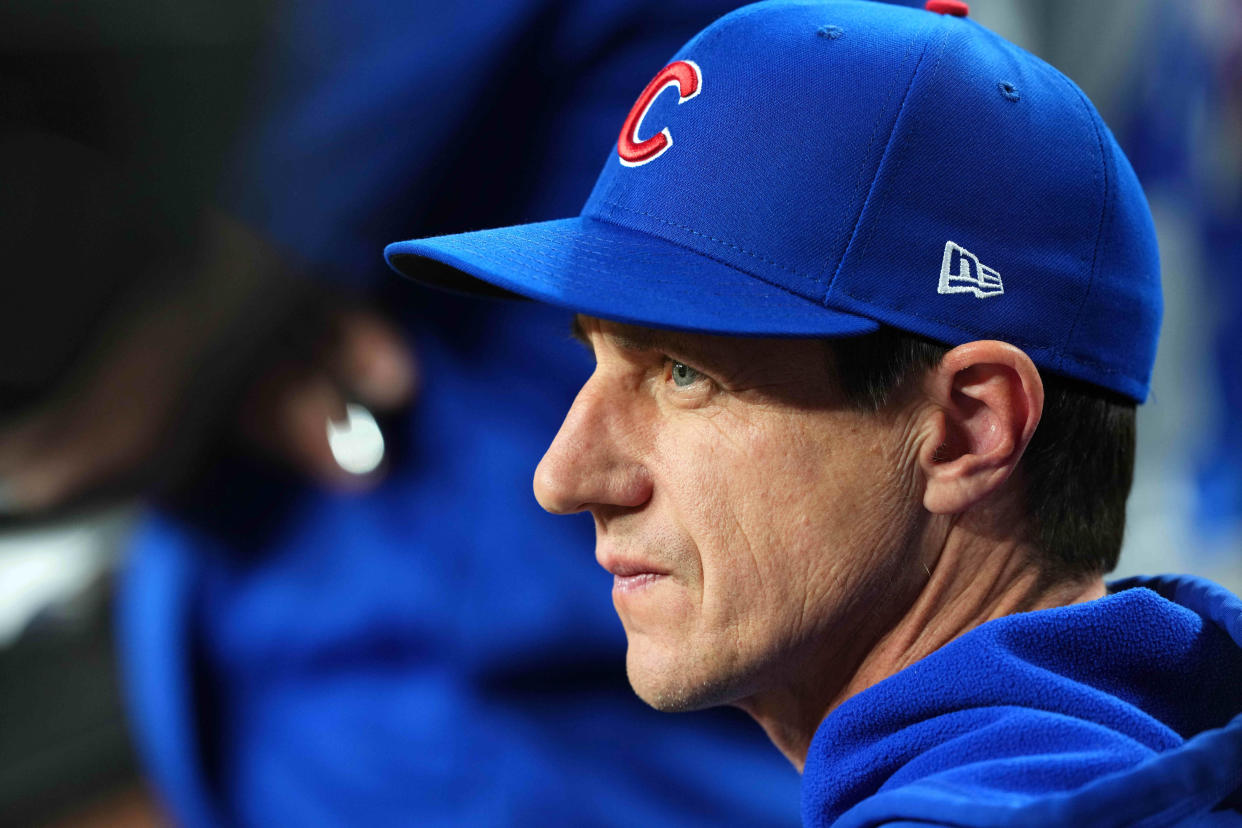 Apr 15, 2024; Phoenix, Arizona, USA; Chicago Cubs manager Craig Counsell looks on against the Arizona Diamondbacks during the second inning at Chase Field. All players wore number 42 to commemorate Jackie Robinson Day. Mandatory Credit: Joe Camporeale-USA TODAY Sports