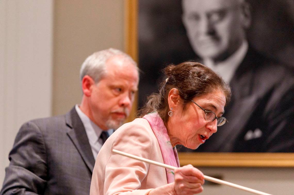 Prosecutor Creighton Waters listens as forensic pathologist at MUSC Dr. Ellen Rieme testifies during the Alex Murdaugh trial at the Colleton County Courthouse in Walterboro, Monday, Feb. 13, 2023. Grace Beahm Alford/The Post and Courier/Pool