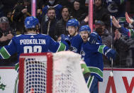 Vancouver Canucks' Conor Garland (8), Elias Pettersson (40), of Sweden, and Vasily Podkolzin (92), of Russia, celebrate Garland's goal against the Los Angeles Kings during the second period of an NHL hockey game in Vancouver, British Columbia, Monday, Dec. 6, 2021. (Darryl Dyck/The Canadian Press via AP)