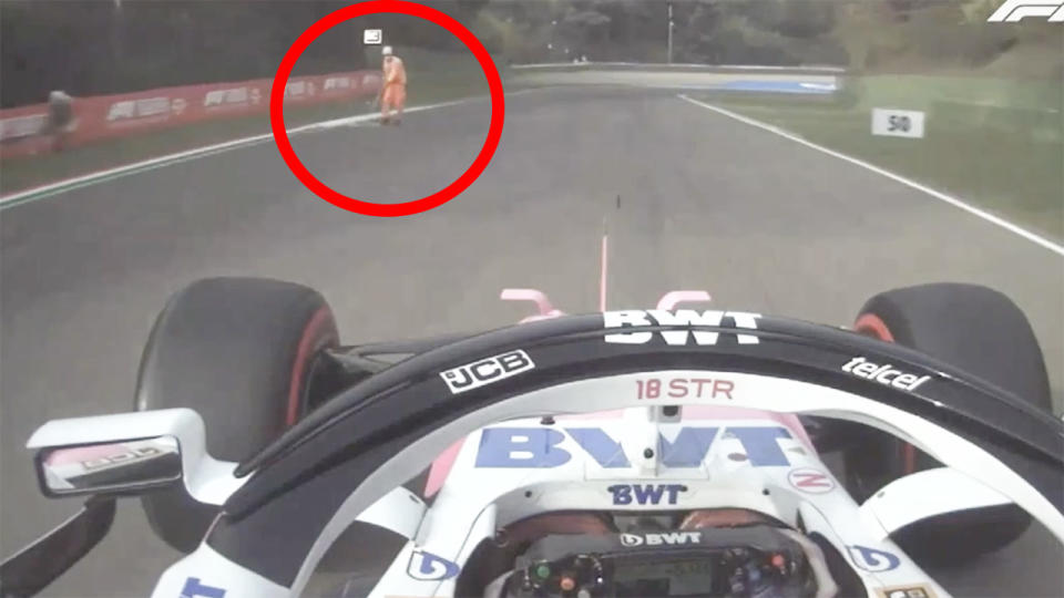 Onboard footage from Lance Stroll's Racing Point F1 car shows how close he came to track marshals while driving at full speed.