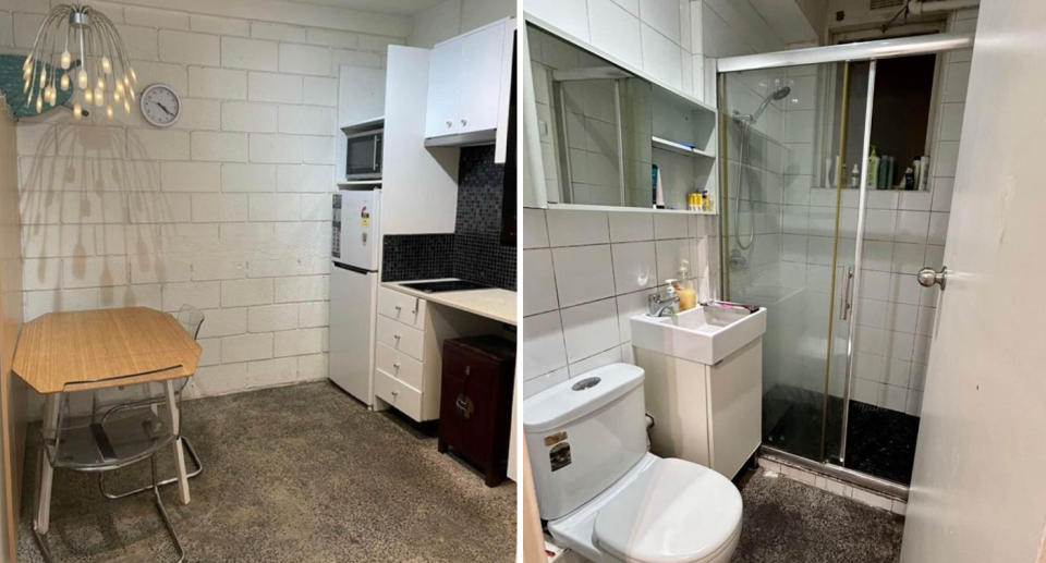 Left, a kitchen area can be seen with a stable table and two chairs. Right, a toilet can be seen in the bottom left corner beside a sink and a shower. 