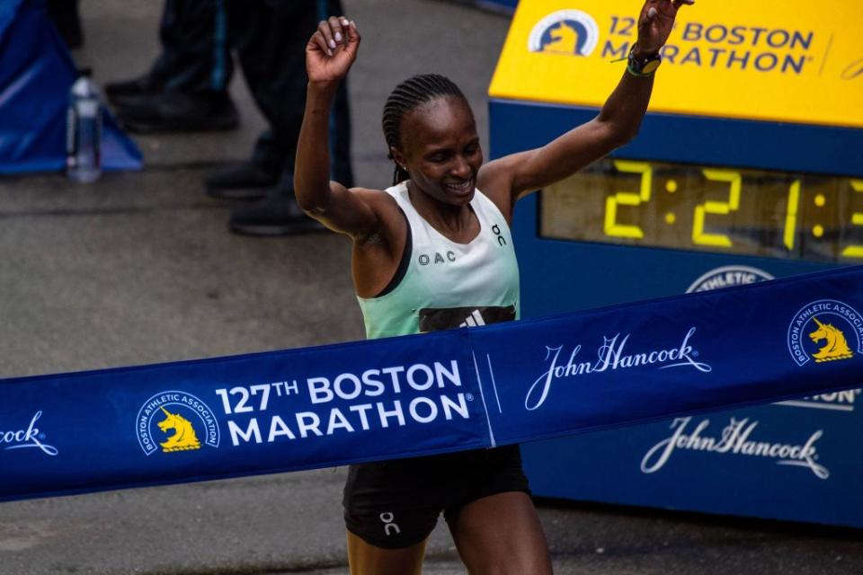 Hellen Obiri, 33, of Kenya takes first place in the Women’s race during the 127th Boston Marathon on April 17, 2023. - Credit: AFP via Getty Images