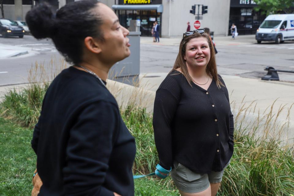 Kam Braxton, 31, who moved here from Flint, (left) and her girlfriend Caitlin Smith, 31, of Saginaw, talk about why they moved to downtown Detroit post COVID on Sept. 29, 2023.