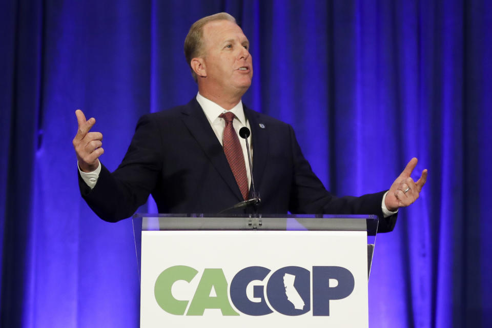 FILE - In this Sept. 7, 2019, file photo, San Diego Mayor Kevin Faulconer speaks during the California GOP fall convention in Indian Wells, Calif. California Democratic leaders are being criticized after attempting to link the insurrection at the U.S. Capitol with efforts to recall Democratic Gov. Gavin Newsom. The Republican Party of Orange County Wednesday, Jan. 13, 2021, launched a new round of fundraising appeals for the proposed recall. Among potential GOP candidates, Faulconer has established a committee to begin raising money. (AP Photo/Chris Carlson, File)