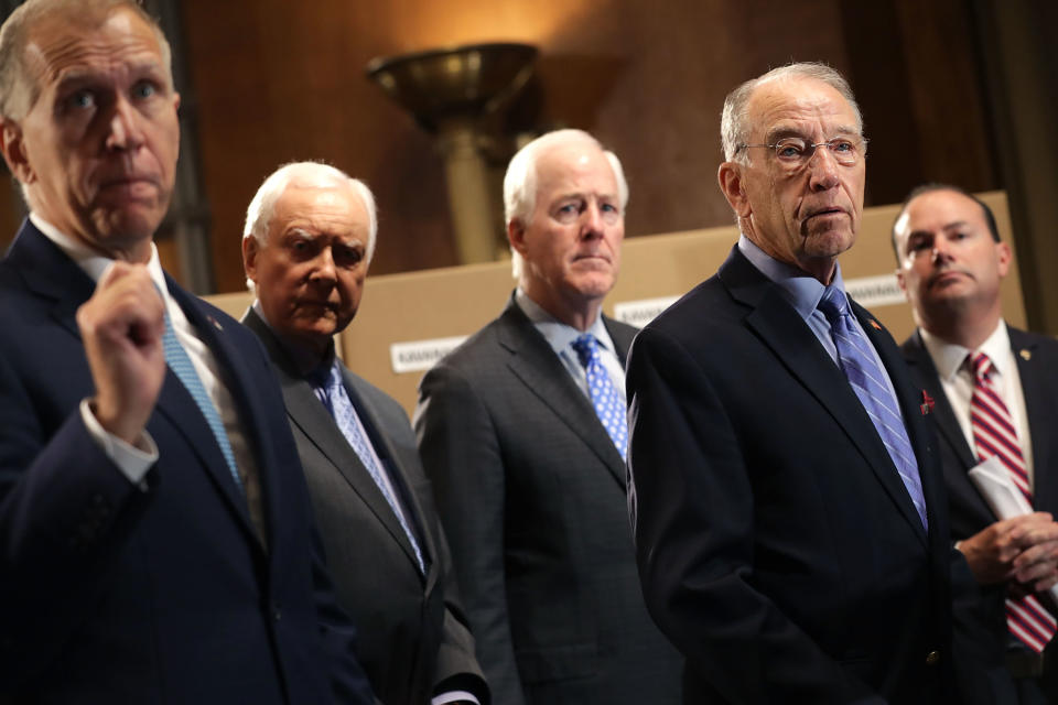 Republican members of the Senate judiciary committee Thom Tillis (N.C.), Orrin Hatch (Utah), John Cornyn (Texas), Chairman Chuck Grassley (Iowa), and Mike Lee (Utah) at a news conference about Supreme Court nominee Judge Brett Kavanaugh on Aug. 2. (Photo: Chip Somodevilla via Getty Images)