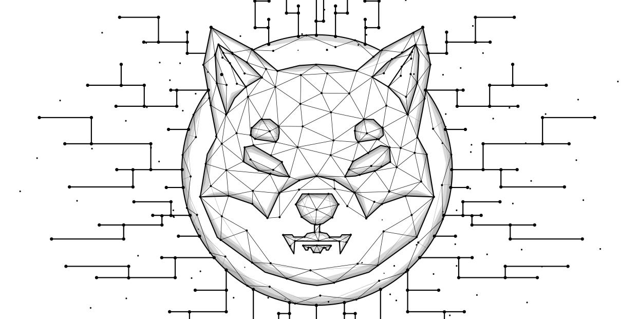 A gray line-art graphic depicting a Shiba Inu coin logo