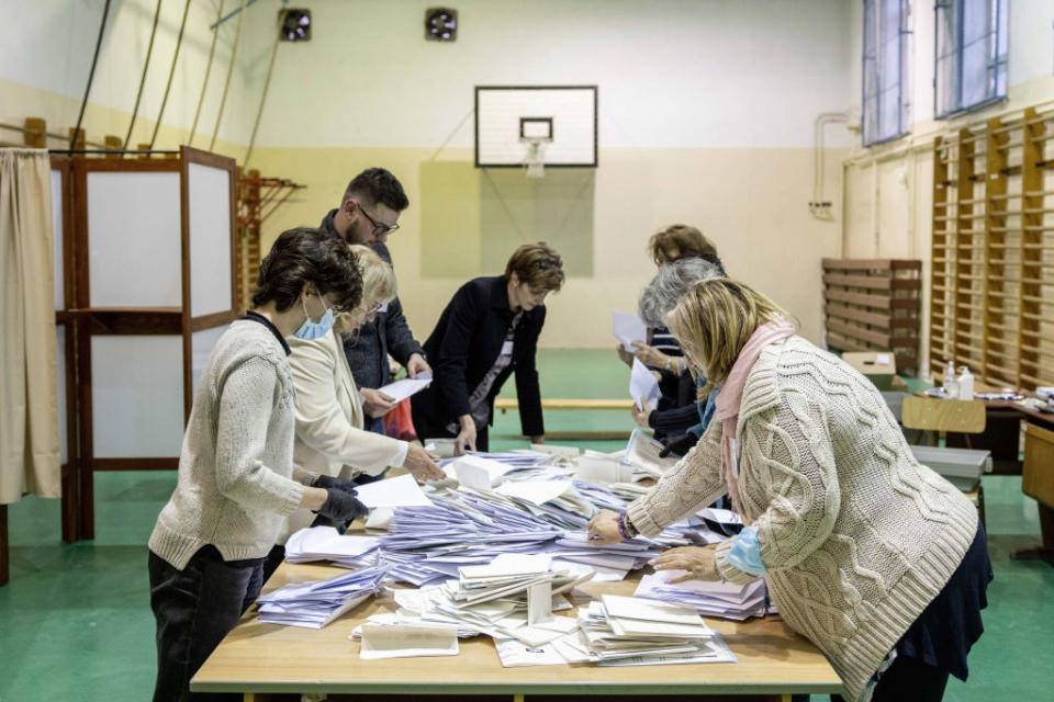 Vote counters count ballots during the general parliamentary elections on April 3, 2022 in Budapest, Hungary.<span class="copyright">Getty Images—2022 Getty Images</span>