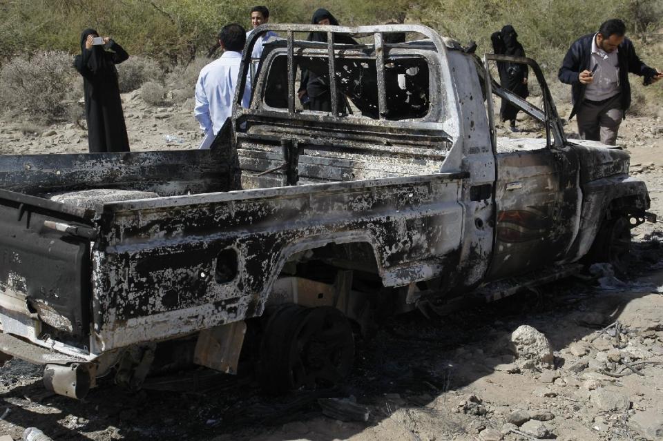 This undated handout photo from the Al-Karama Foundation, a Geneva-based non-governmental human rights organization, shows one of the cars that was hit by a drone strike in December 2013, that killed the son of Abdullah Mabkhout al-Ameri and eleven others, when it hit a convoy which was allegedly a wedding procession. Al-Ameri and several family members including a son who belonged to al-Qaida were killed in a Jan. 29, 2017, US raid in the village. The raid, which left at least 25 Yemenis dead and a US Navy Seal, showed how difficult it is to tell who is al-Qaida in a country where the militants are mingled with tribes and are fighting on the same side as the government against the rebels. (Farouk al-Sharani, Al-Karama Foundation, via AP)