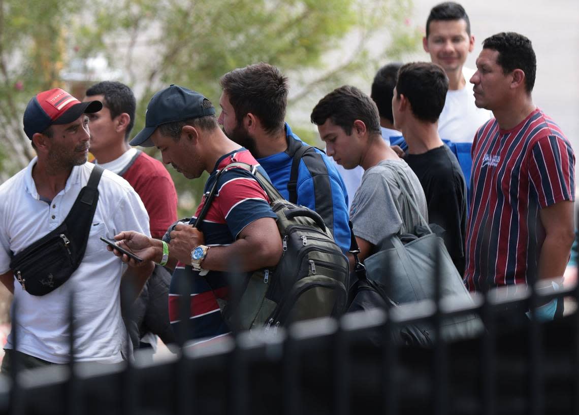 Migrants line up for food, coffee, and refreshments at the Migrant Resource Center run by Catholic Charities. On Monday, September 19, 2022 migrants arrive and depart the Migrant Resource Center in San Antonio, Texas, after crossing the Mexico-U.S. border in Eagle Pass, Texas.