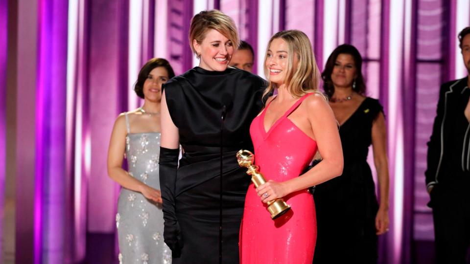 PHOTO: Greta Gerwig and Margot Robbie at the 81st Annual Golden Globe Awards, in Beverly Hills, January 7, 2024. (Sonja Flemming/CBS)