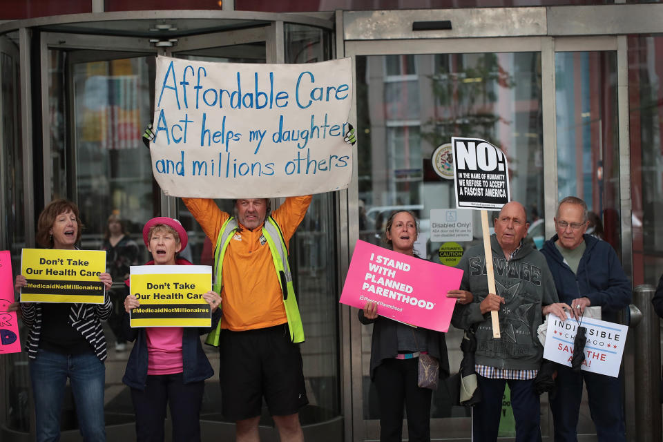 <p>Demonstrators protest changes to the Affordable Care Act on June 28, 2017 in Chicago, Illinois. After more senators said they would not offer support, senate Republican’s yesterday announced they would delay a vote on their revised health-care bill. (Photo: Scott Olson/Getty Images) </p>