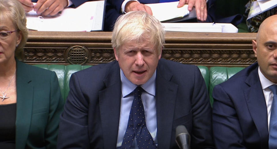 Prime Minister Boris Johnson reacts as Labour leader Jeremy Corbyn responds to his statement to MPs in the House of Commons, London, on the G7 Summit in Biarritz.