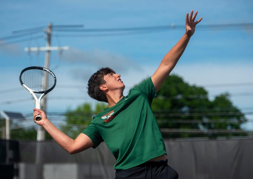 Hopkinton High School number one singles player freshman Joe Krattenmaker against Wayland, May 17, 2024.