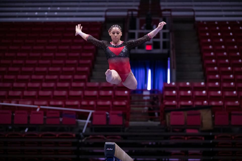 Ball State gymnastics' Victoria Henry during the team's meet against Central Michigan in Worthen Arena on Sunday, Feb. 26, 2023.