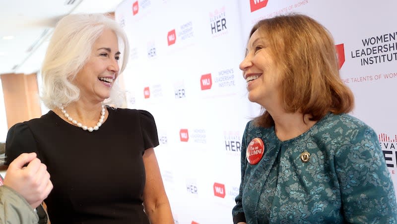 Patricia Jones, CEO of the Women’s Leadership Institute, talks with Rep. Rosemary Lesser, D-Ogden, at Championing Gender Diversity in Business and Politics, celebrating the 10th anniversary of the Women's Leadership Institute, at the Zions Bank Founders Room in Salt Lake City on Wednesday, April 17, 2024.