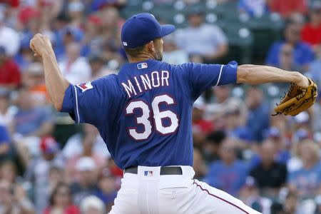 Jun 9, 2018; Arlington, TX, USA; Texas Rangers starting pitcher Mike Minor (36) throws a pitch in the first inning against the Houston Astros at Globe Life Park in Arlington. Mandatory Credit: Tim Heitman-USA TODAY Sports