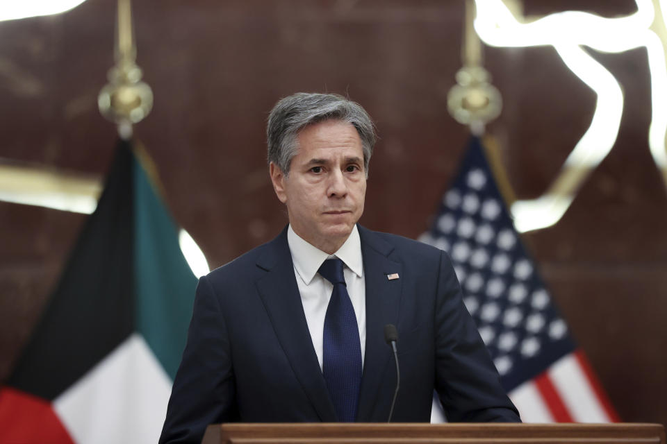 U.S. Secretary of State Antony Blinken participates in a news conference with Kuwaiti Foreign Minister Sheikh Ahmad Nasser Al-Mohammad Al-Sabah at the Ministry of Foreign Affairs in Kuwait City, Kuwait, Thursday, July 29, 2021. (Jonathan Ernst/Pool via AP)