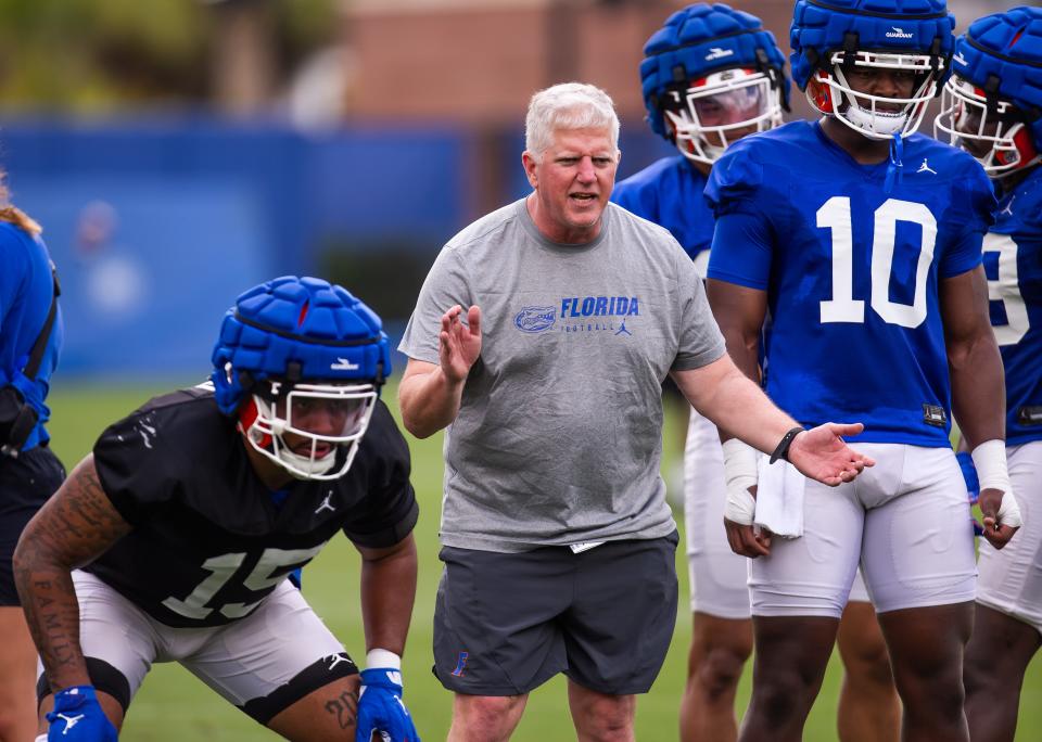 Florida’s Ron Roberts will serve as executive head coach, co-defensive coordinator and linebackers coach. Roberts was coaching drills Saturday. The Florida Gators held their second Spring football practice at Sanders Practice Fields in Gainesville, FL on Saturday, March 9, 2024. [Doug Engle/Gainesville Sun]