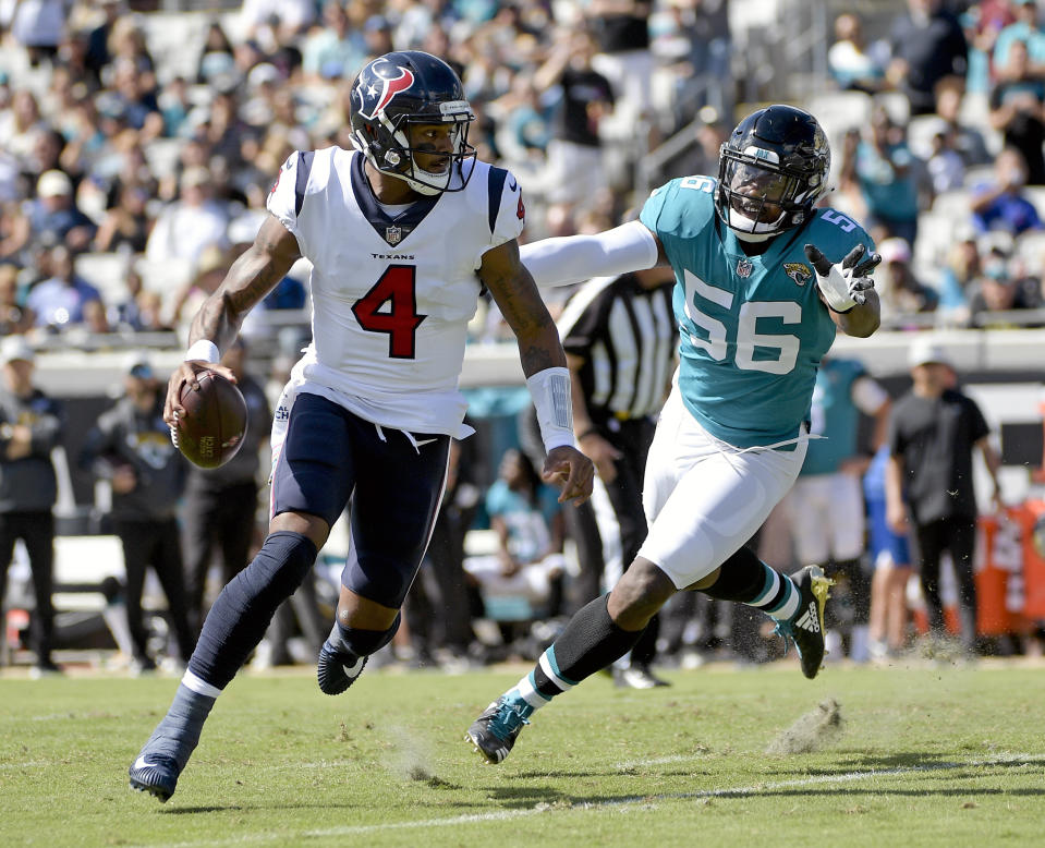 Houston Texans quarterback Deshaun Watson had to take a bus to Jacksonville but he started on Sunday. (AP)