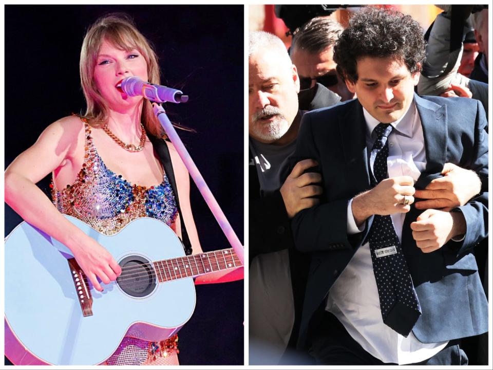 A picture of Taylor Swift playing an acoustic guitar on stage next to a picture of Sam Bankman-Fried being is grabbed and pushed as he enters court.