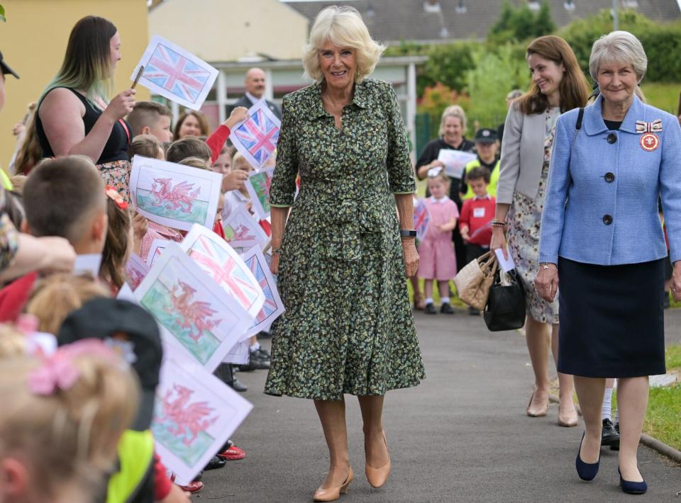 Camilla, Duchess of Cornwall arrives at Millbrook Primary School on July 06, 2022 in Newport, Wales