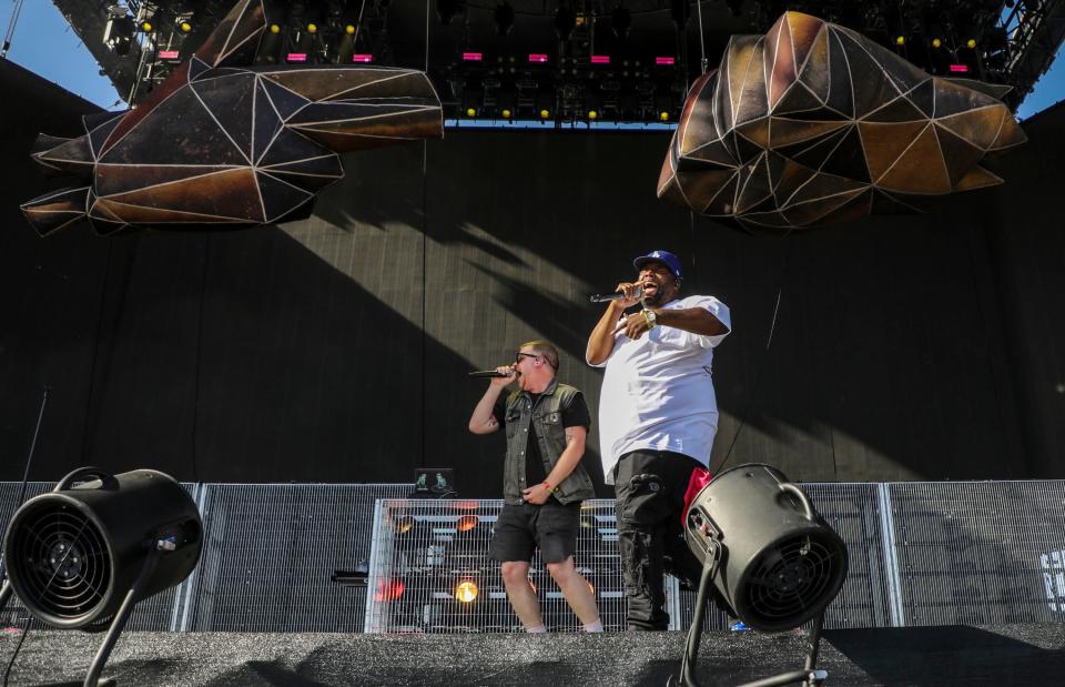 Run the Jewels performs on the main stage during the Coachella Valley Music and Arts Festival in Indio, Calif., Sunday, April 17, 2022.