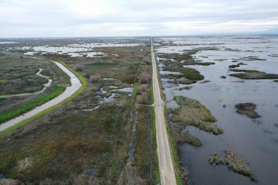 A drone view shows a wetlands area near the San Luis National Wildlife Refuge near Newman last month. Devastating winter storms were great news for wetlands and the future of water in California.