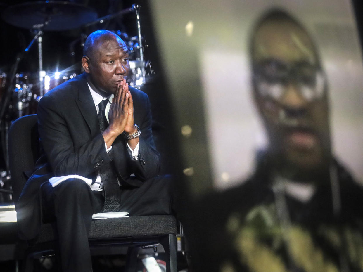 FILE - In this Thursday, June 4, 2020 file photo, attorney Ben Crump attends a memorial service for George Floyd at North Central University in Minneapolis. Hollywood celebrities, musicians and political leaders gathered in front of the golden casket of Floyd, whose death at the hands of police sparked global protests. (AP Photo/Bebeto Matthews)