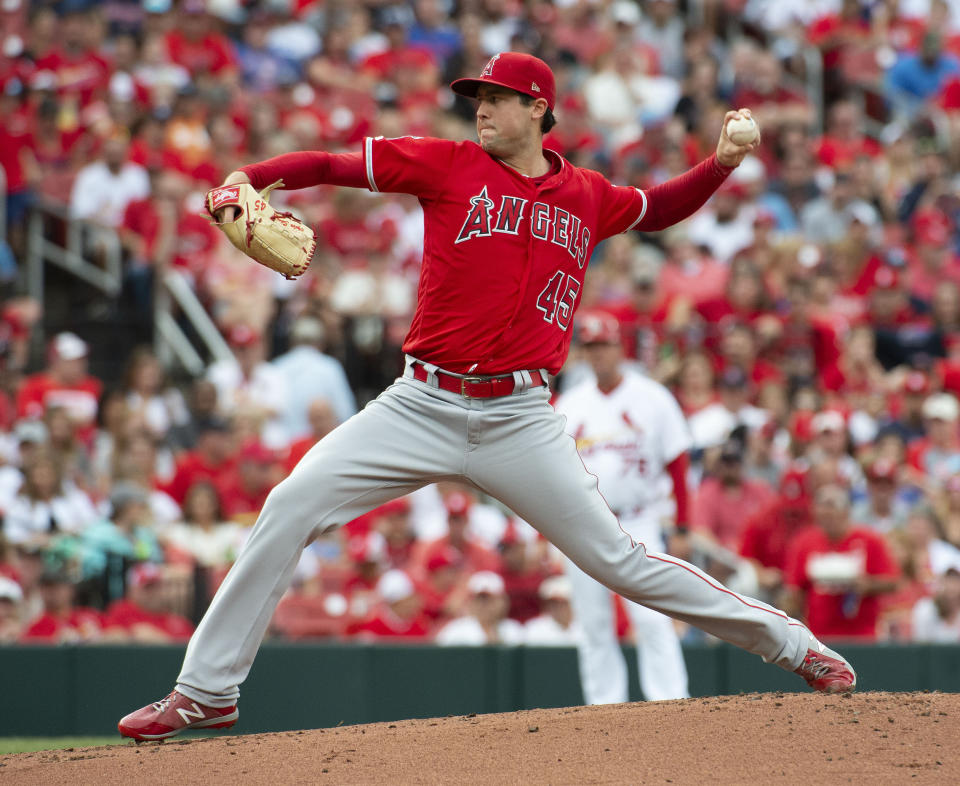 Los Angeles Angels starting pitcher Tyler Skaggs throws a pitch during first inning of a baseball game against the St. Louis Cardinals Sunday, June 23, 2019, in St. Louis. (AP Photo/L.G. Patterson)