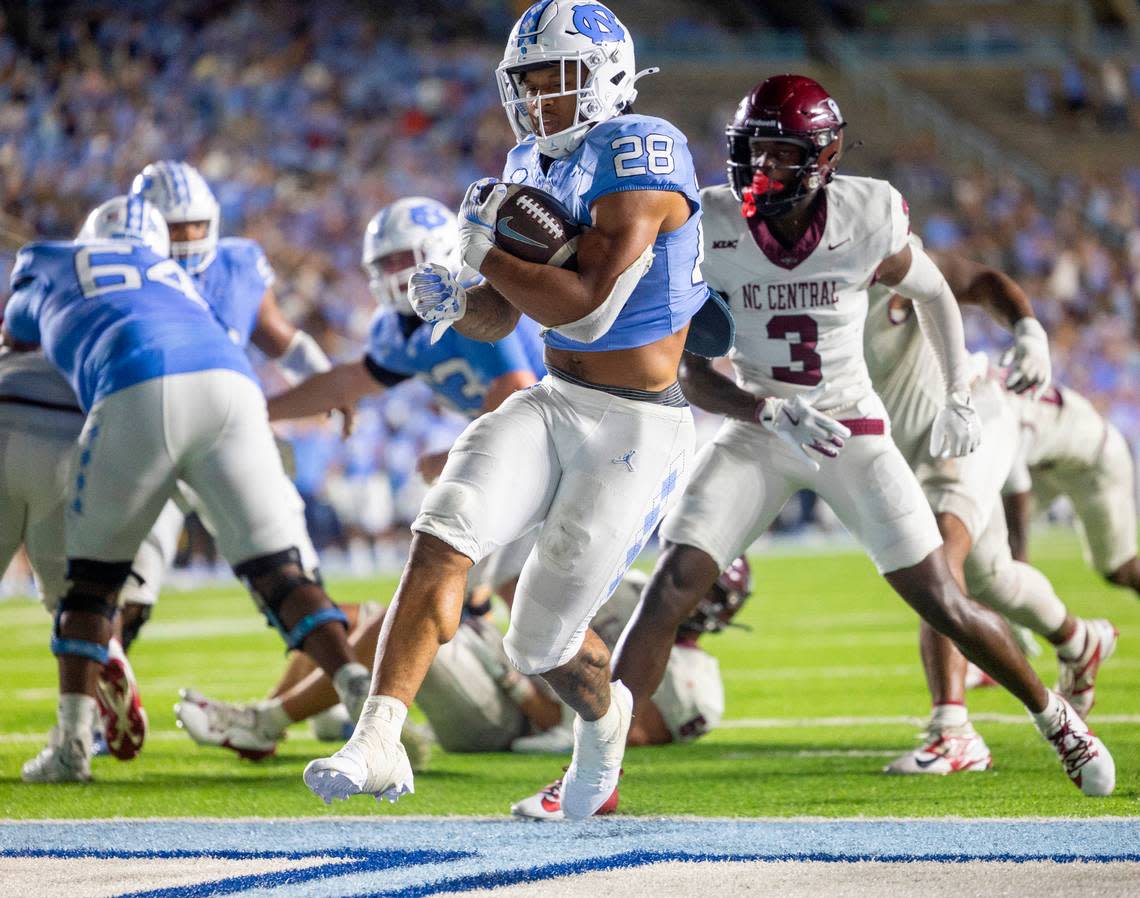 North Carolina running back Omarion Hampton (28) scores a touchdown on a 4-yard run in the fourth quarter to give the Tar Heels a 31-10 lead over N.C. Central on Saturday, September 14, 2024 at Kenan Stadium in Chapel Hill, N.C.