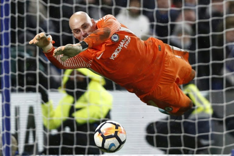 Chelsea's goalkeeper Willy Caballero made a crucial save from Norwich City's striker Nelson Oliveira during the FA Cup third round replay football match in London