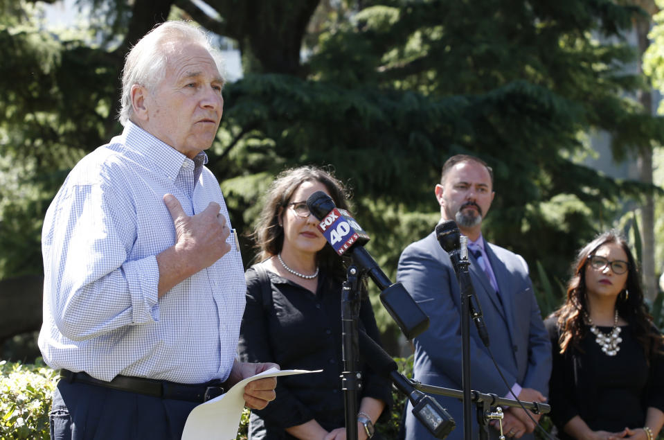 FILE - In this April 28, 2020 file photo State Sen. Jim Nielsen, R-Tehama, left discusses the impact the coronavirus is having on rural residents and businesses during a news conference in Sacramento, Calif. California on Saturday is increasing early release credits for tens of thousands of inmates including violent and repeat felons as it further trims the population of what once was the nation's largest state correctional system. More than 63,000 inmates convicted of violent crimes will be eligible for good behavior credits that shorten their sentences by one-third instead of the one-fifth that had been in place since 2017. Nielsen, who once headed the state parole board, criticized Democratic Gov. Gavin Newsom for this time acting unilaterally. (AP Photo/Rich Pedroncelli,File)