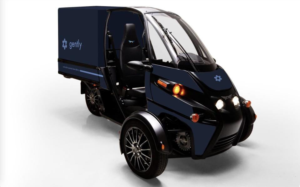 One of the two 100 percent electric Arcimoto Flatbeds delivery vehicles in Gently’s original fleet.